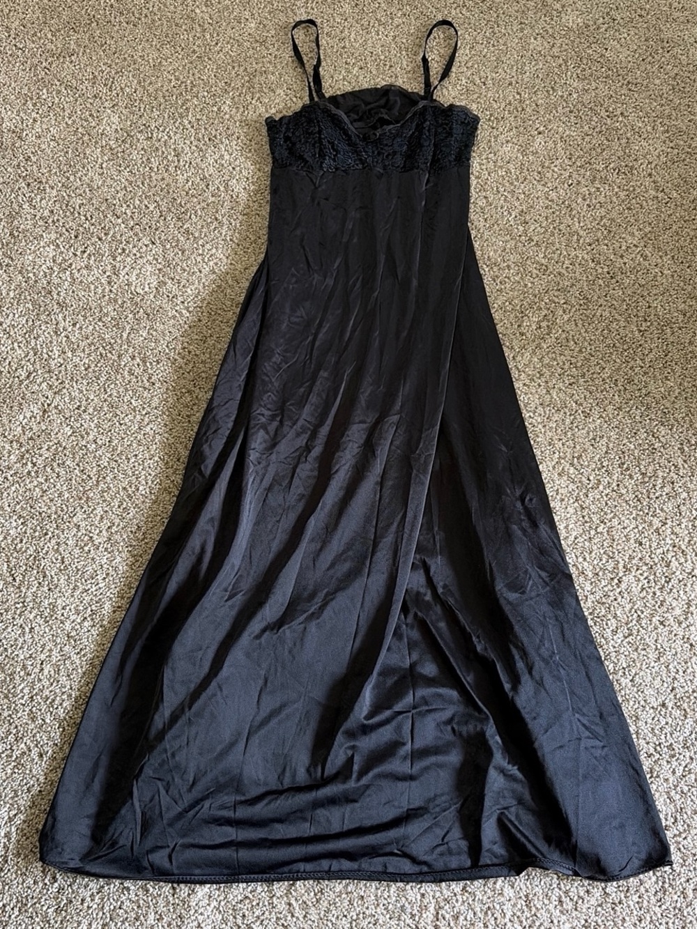 Black maxi slip dress with lace trim